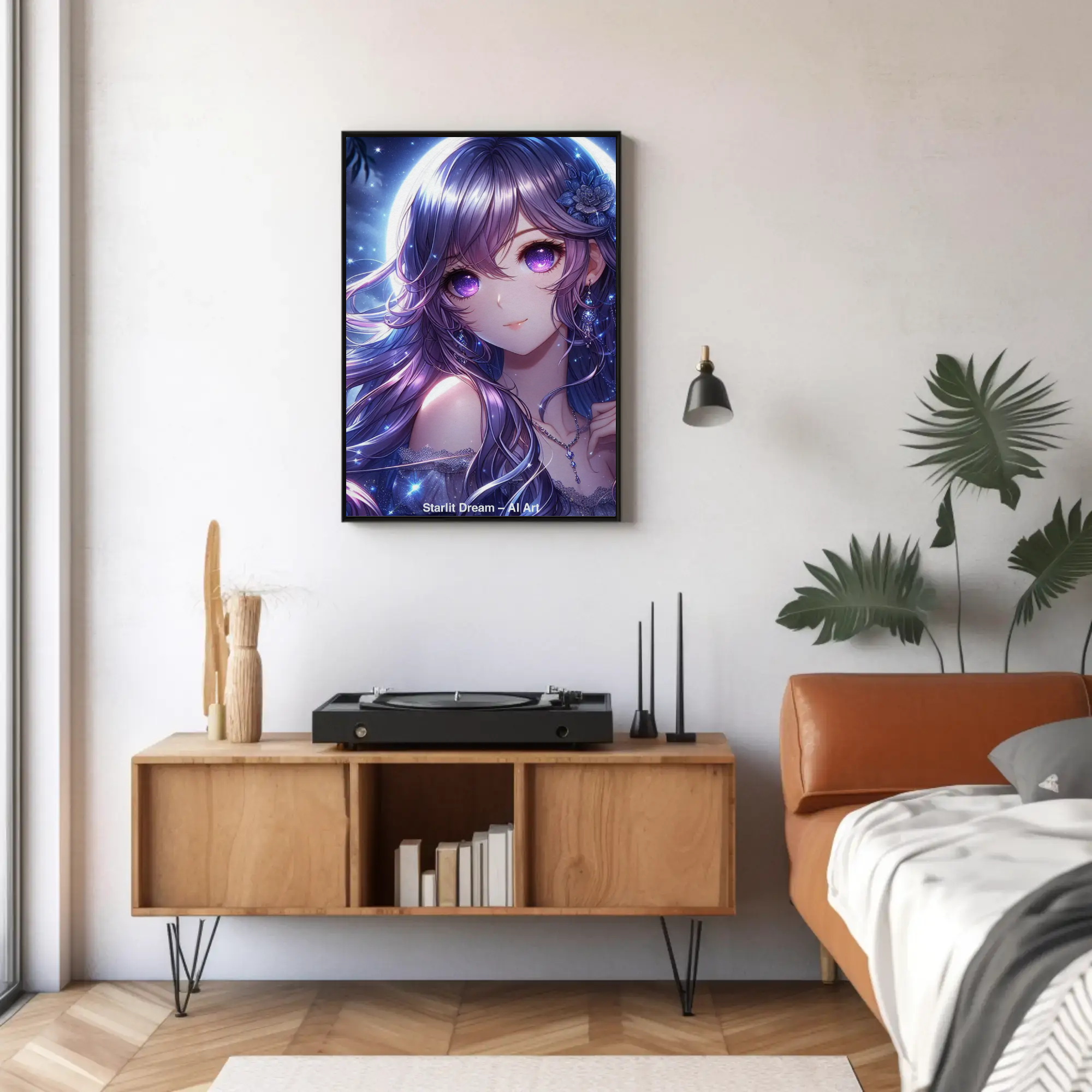 Leuchtendes Fantasy-Porträt als Fine Art Print über einer Holzkonsole in modern eingerichteter Wohnumgebung.