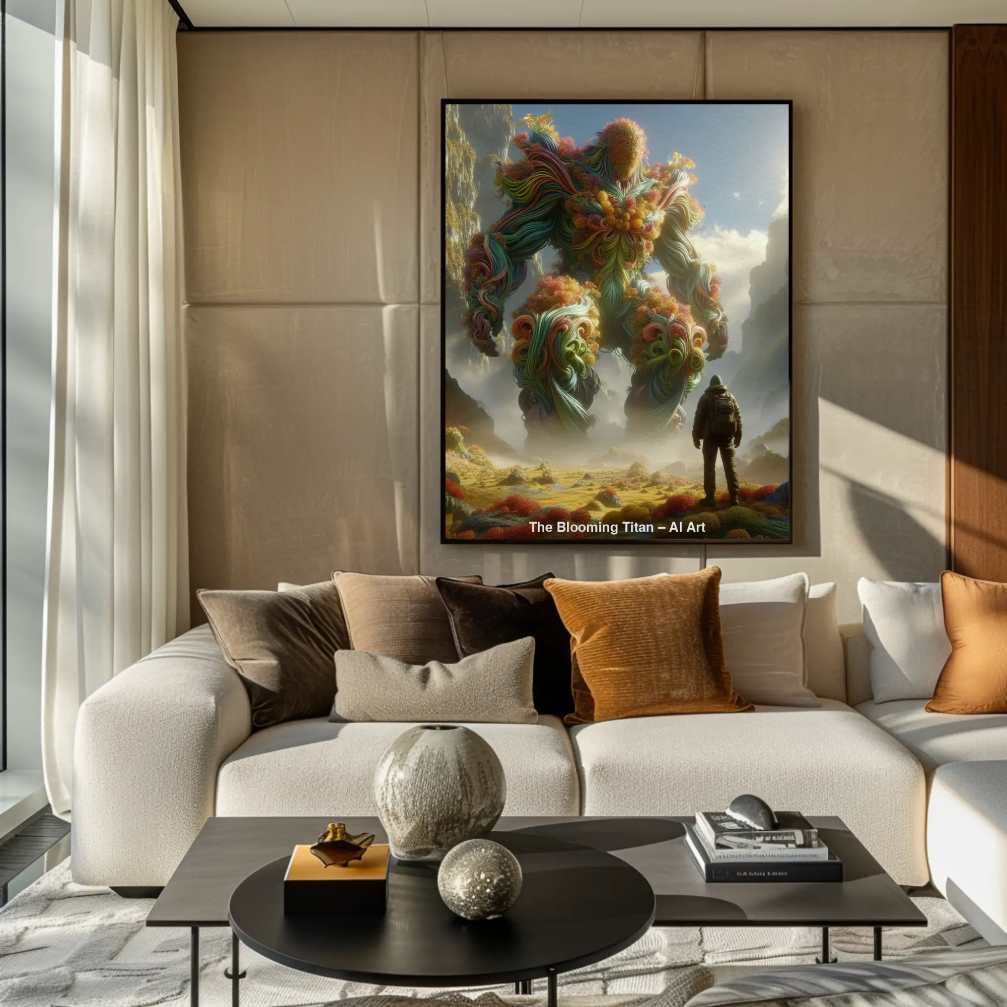 Fine Art Print mit gewaltigem floralen Titan und kleiner Figur in stilvoll eingerichteter moderner Wohnumgebung.