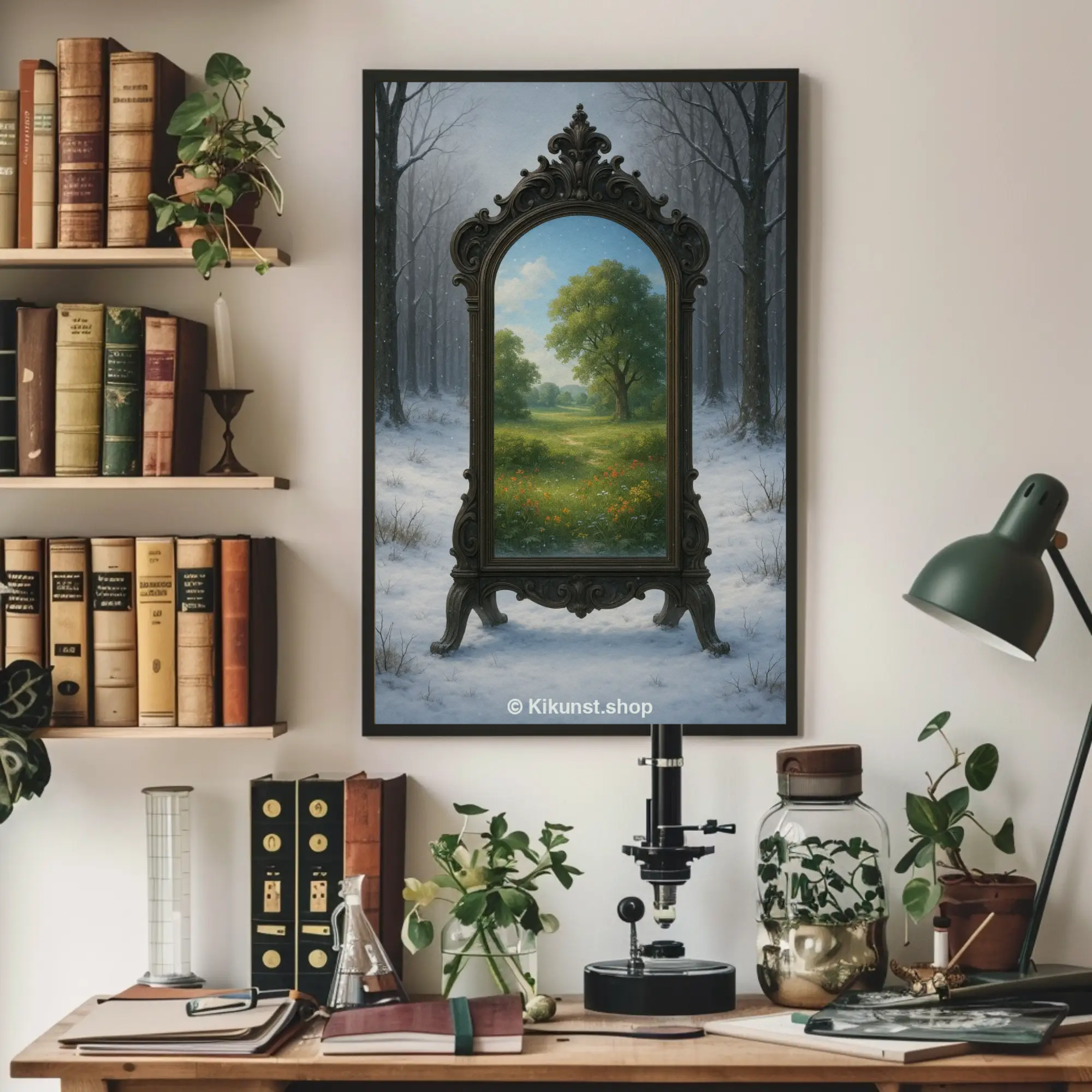 Surreales Spiegelportal mit Landschaft und Waldszene als dekoratives Fantasy Wandbild