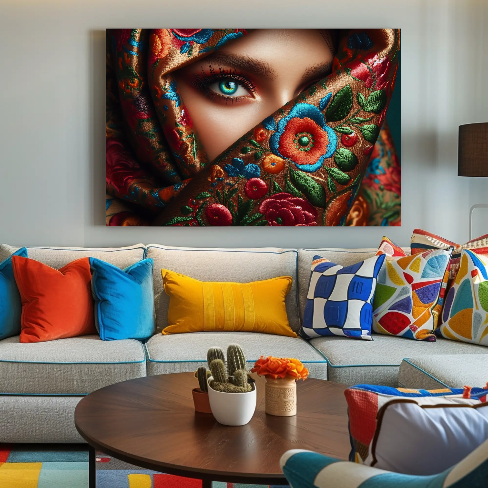 Modernes Augenportrait mit Blumenornamenten und kräftigen Farben als Wandbild