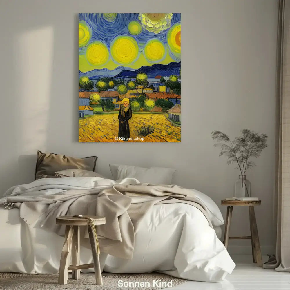Farbenfroher Fine Art Print mit leuchtender Landschaft über einem modernen Bett in heller Schlafzimmereinrichtung.