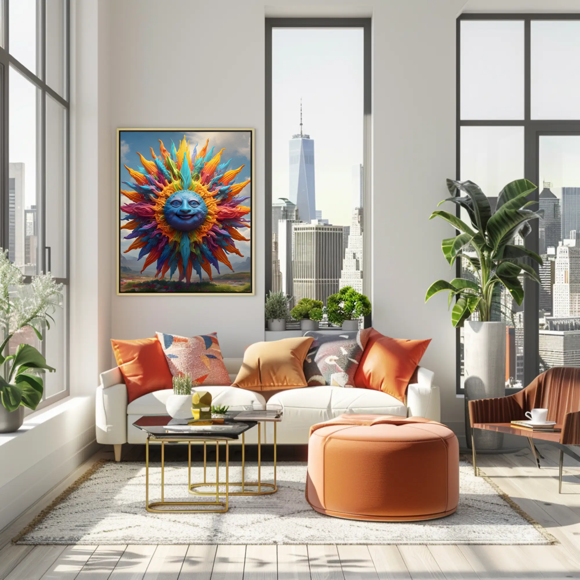 Fine Art Print mit lachender Sonne und farbenfrohen Lichtakzenten in stilvoll eingerichteter Wohnumgebung.