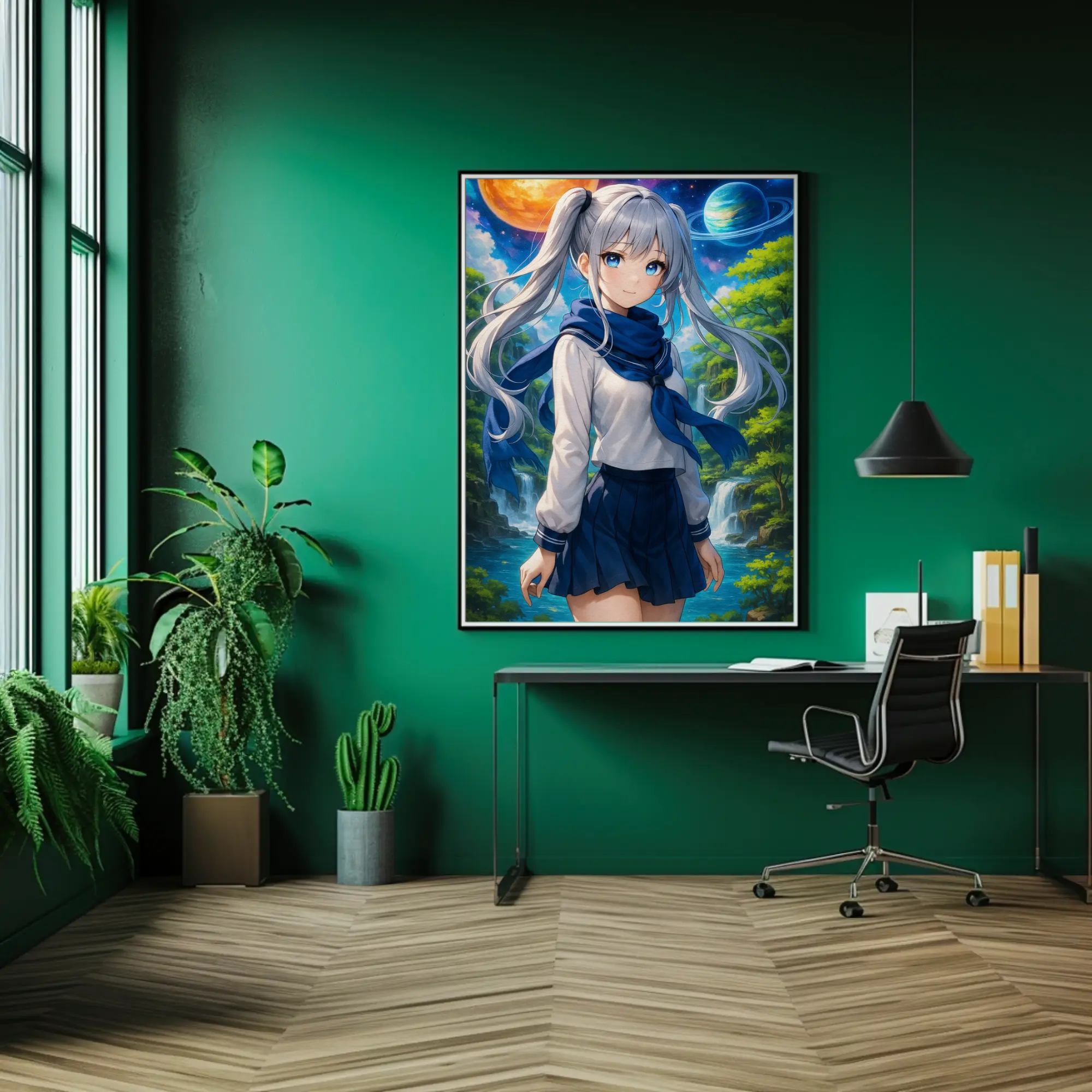 Buntes Wandbild mit Figur und dynamischem Hintergrund in moderner, detailreicher Gestaltung