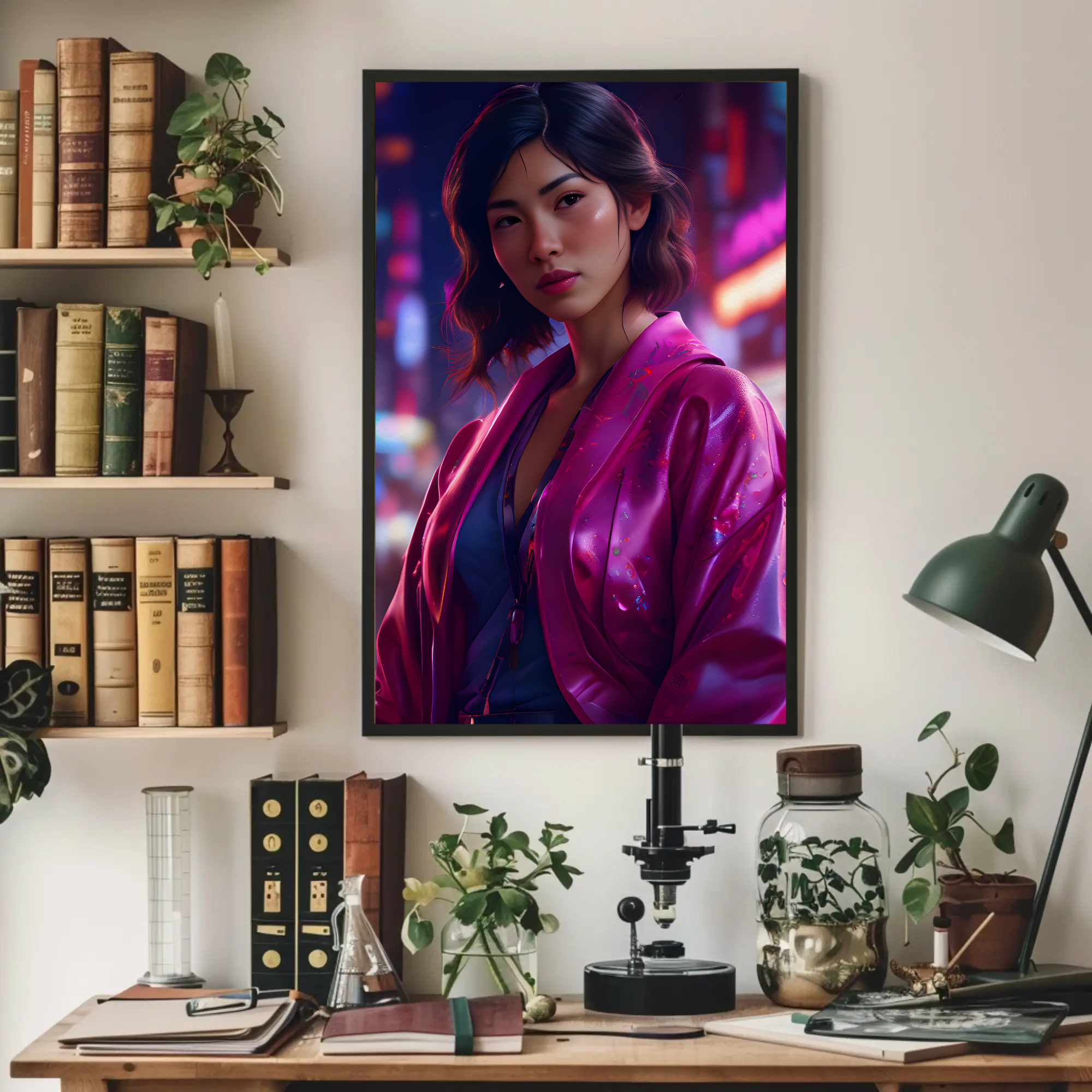 Neonfarbenes Frauenporträt als Fine Art Print über modernem Wohnbereich
