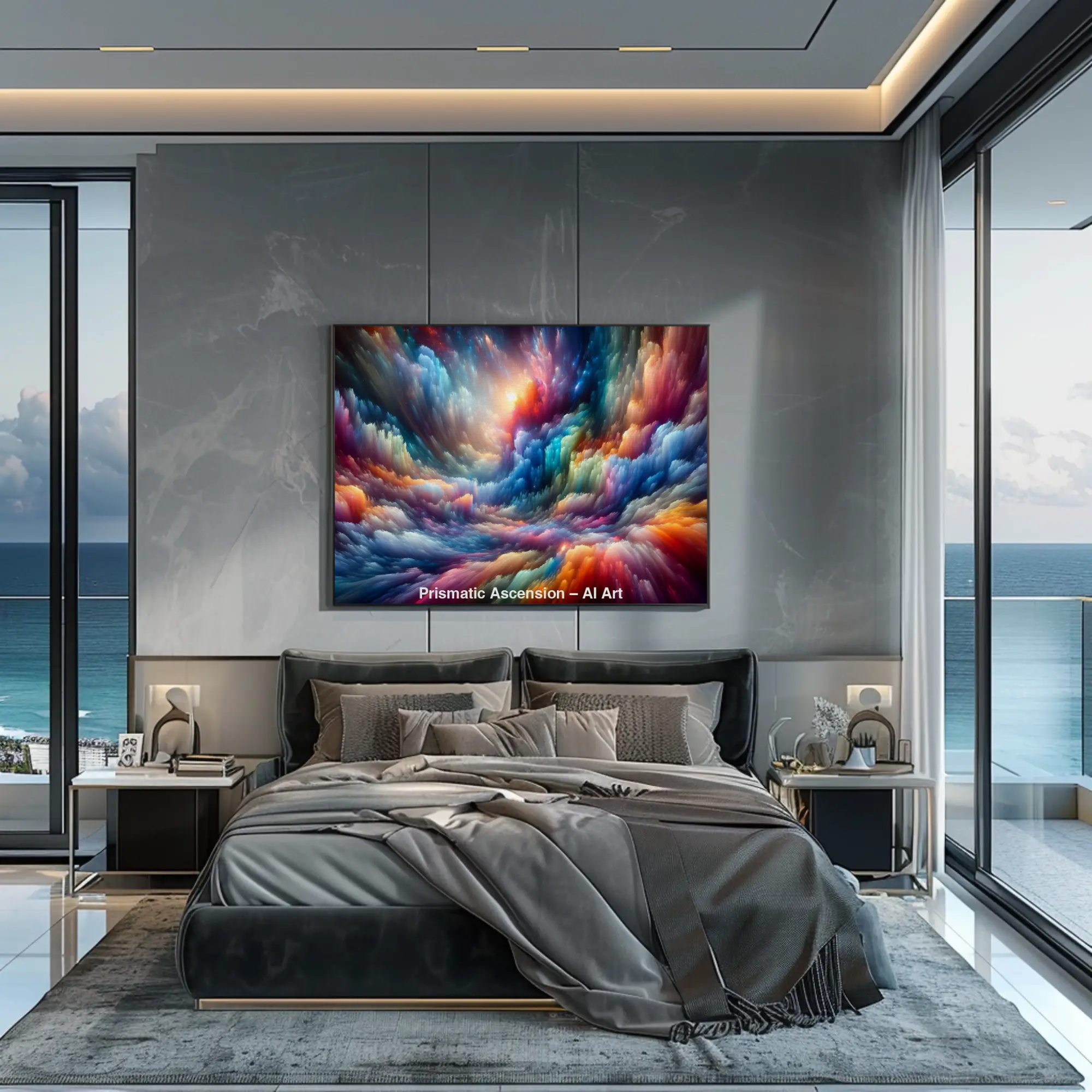 Abstrakter Fine Art Print mit leuchtenden Farbströmen und dynamischer Lichtwirkung über einem Bett