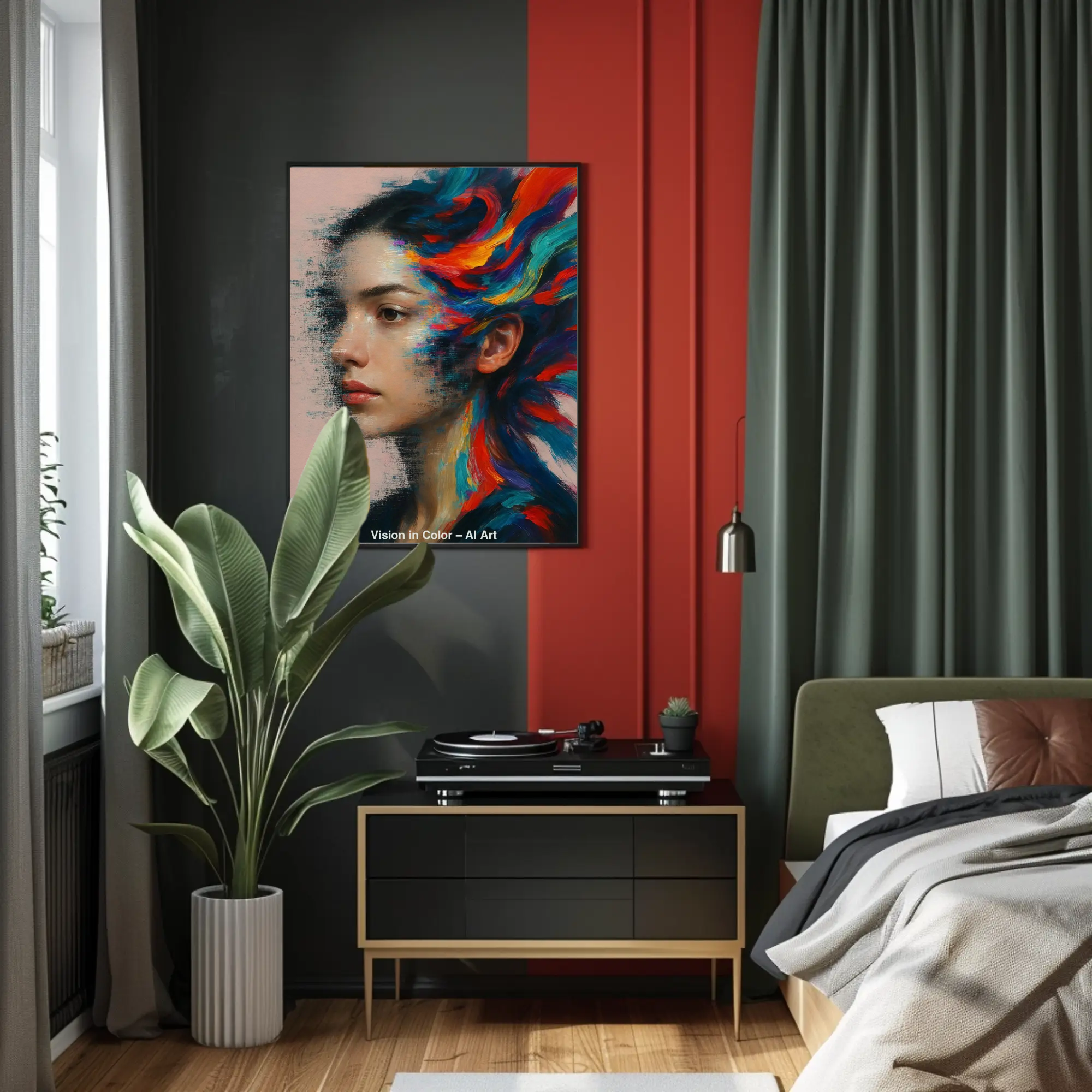 Fine Art Print mit farbintensivem Frauenporträt in Blau-, Rot- und Orangetönen über moderner Wohnzimmereinrichtung.