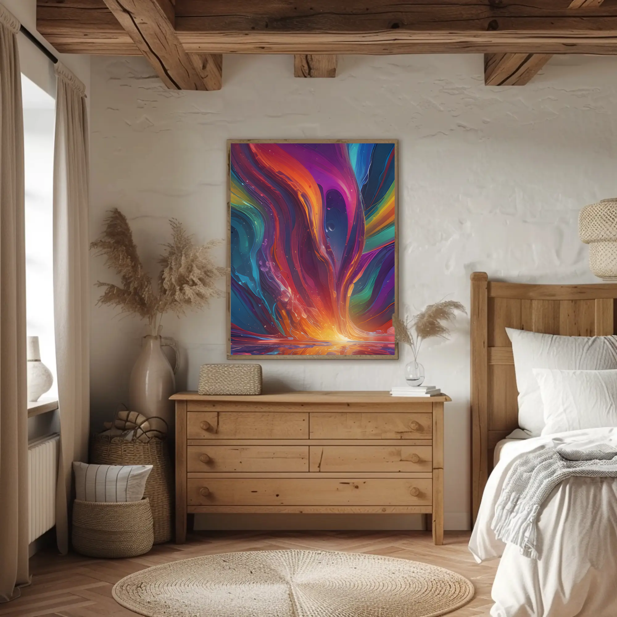 Farbintensiver Spectrum Vortex Fine Art Print über einer Holzkommode in einem gemütlichen Schlafzimmer mit Naturmaterialien.