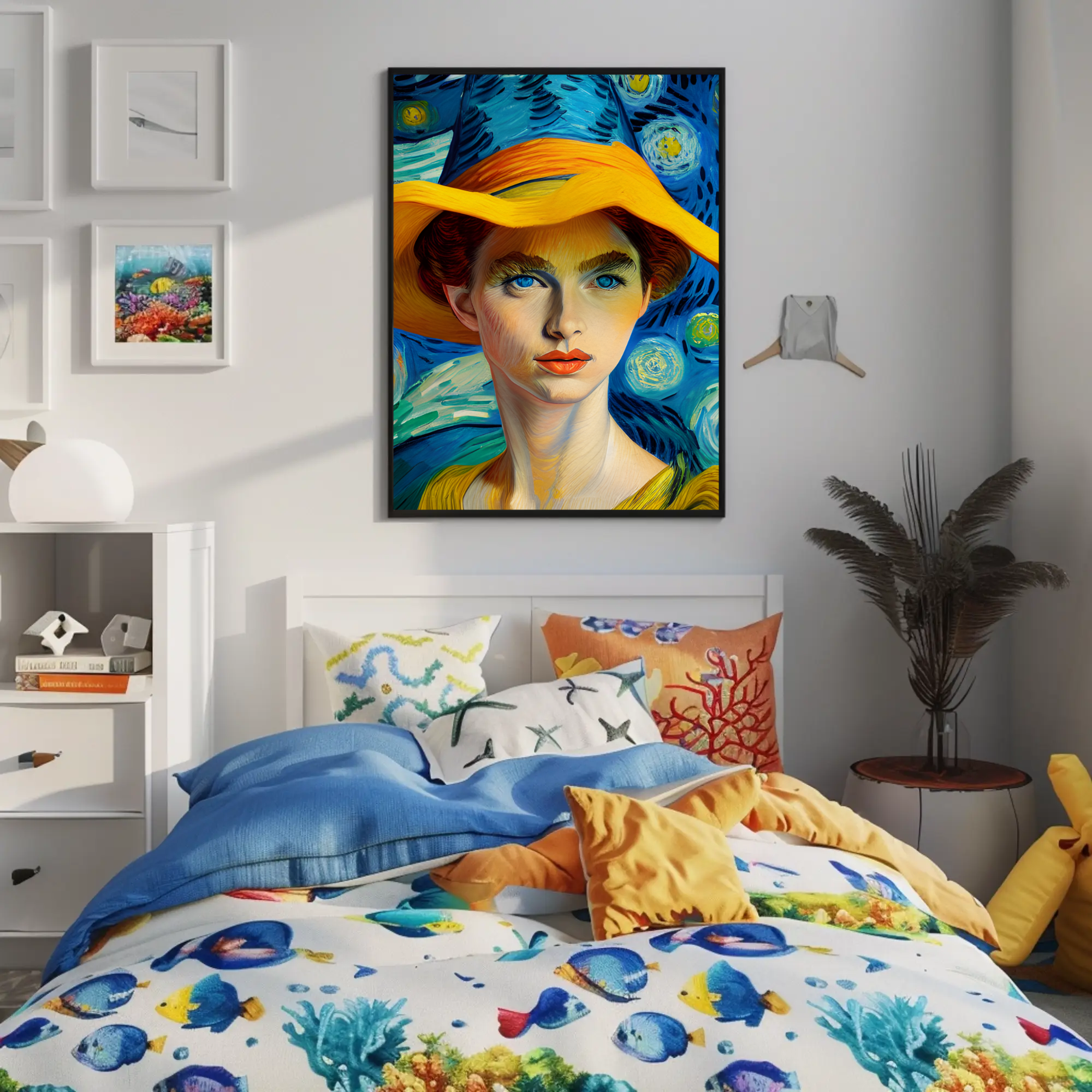 Moderner Fine Art Print mit farbintensivem Portrait und stilvoller Wohnraumgestaltung