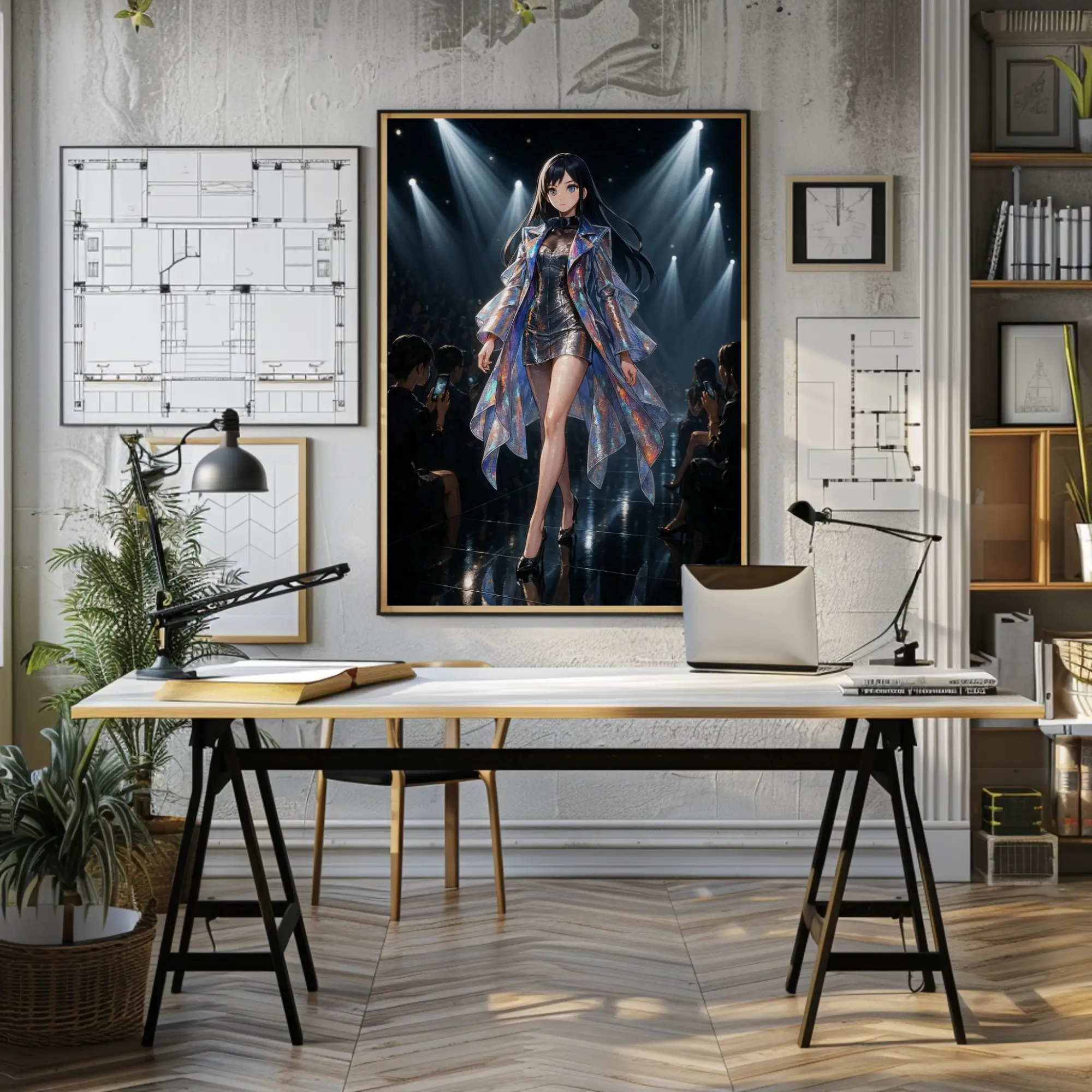 Mode Wandbild mit futuristischer Frau auf einem beleuchteten Laufsteg