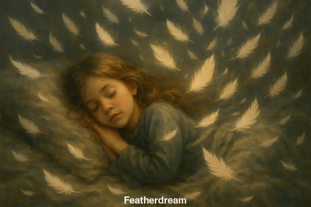 Schlafendes Mädchen, umgeben von leuchtenden Federn – digitale Illustration in weicher, träumerischer Optik.
