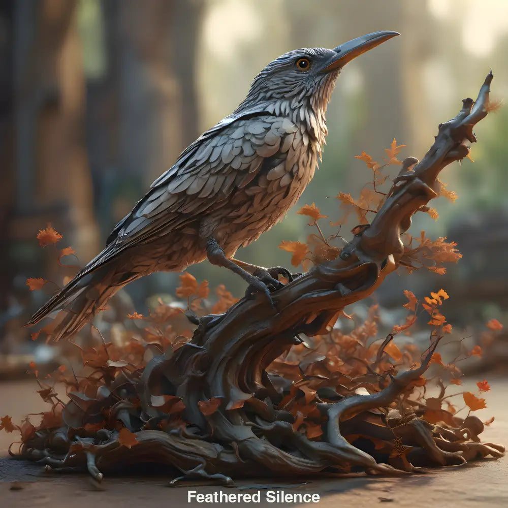 Vogel mit skulpturalem Gefieder auf Ast, umgeben von herbstlich gefärbten Blättern in warmer Lichtstimmung.