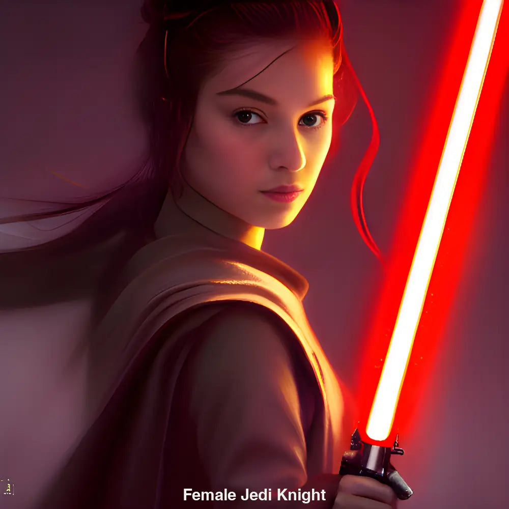 Elegante Jedi-Ritterin mit Lichtschwert vor Galaxie-Kulisse – KI-generiertes Sci-Fi-Porträt.