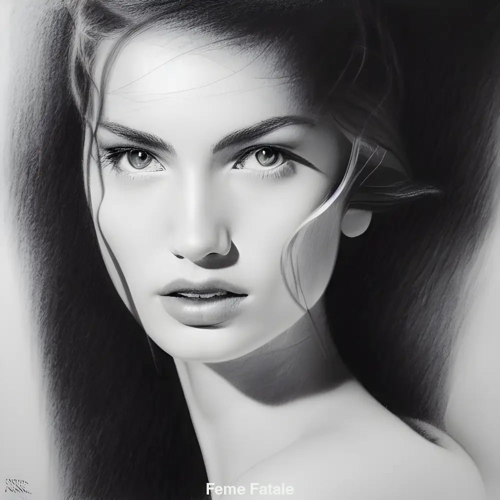 Porträt einer Femme Fatale mit klassischer Eleganz und futuristischen KI-Details – kraftvoller, emotionaler Ausdruck.