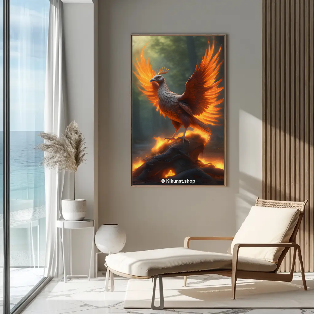 Fine Art Print mit leuchtendem Vogel in modernem Wohnraum