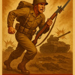 Soldat in klassischer Uniform stürmt mit Gewehr und Bajonett vor Panzern und Explosionen in dramatischem, rauchverhangenem Schlachtfeld.