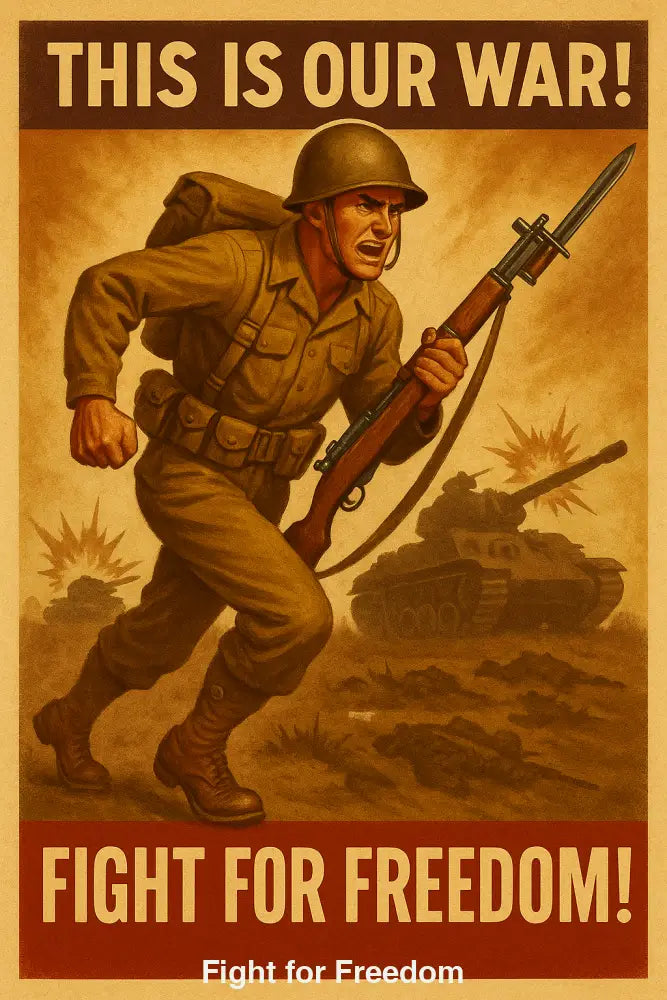 Soldat in klassischer Uniform stürmt mit Gewehr und Bajonett vor Panzern und Explosionen in dramatischem, rauchverhangenem Schlachtfeld.