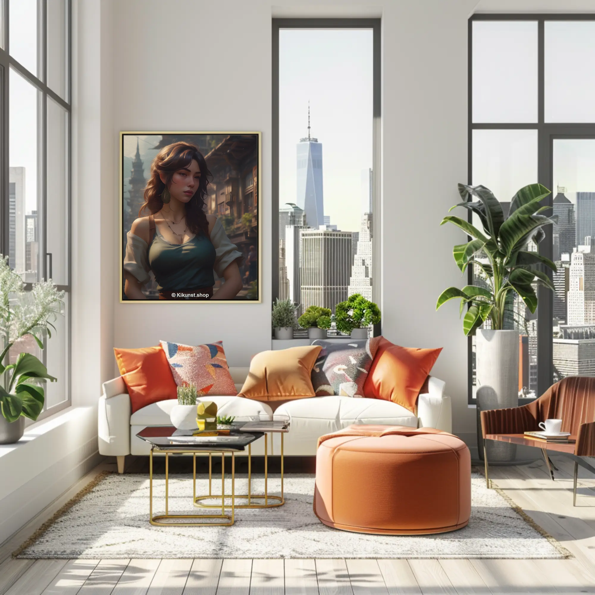 Fine Art Print mit Elfenporträt im orangenem Rahmen über hellem Sofa vor großen Fenstern mit Stadtblick