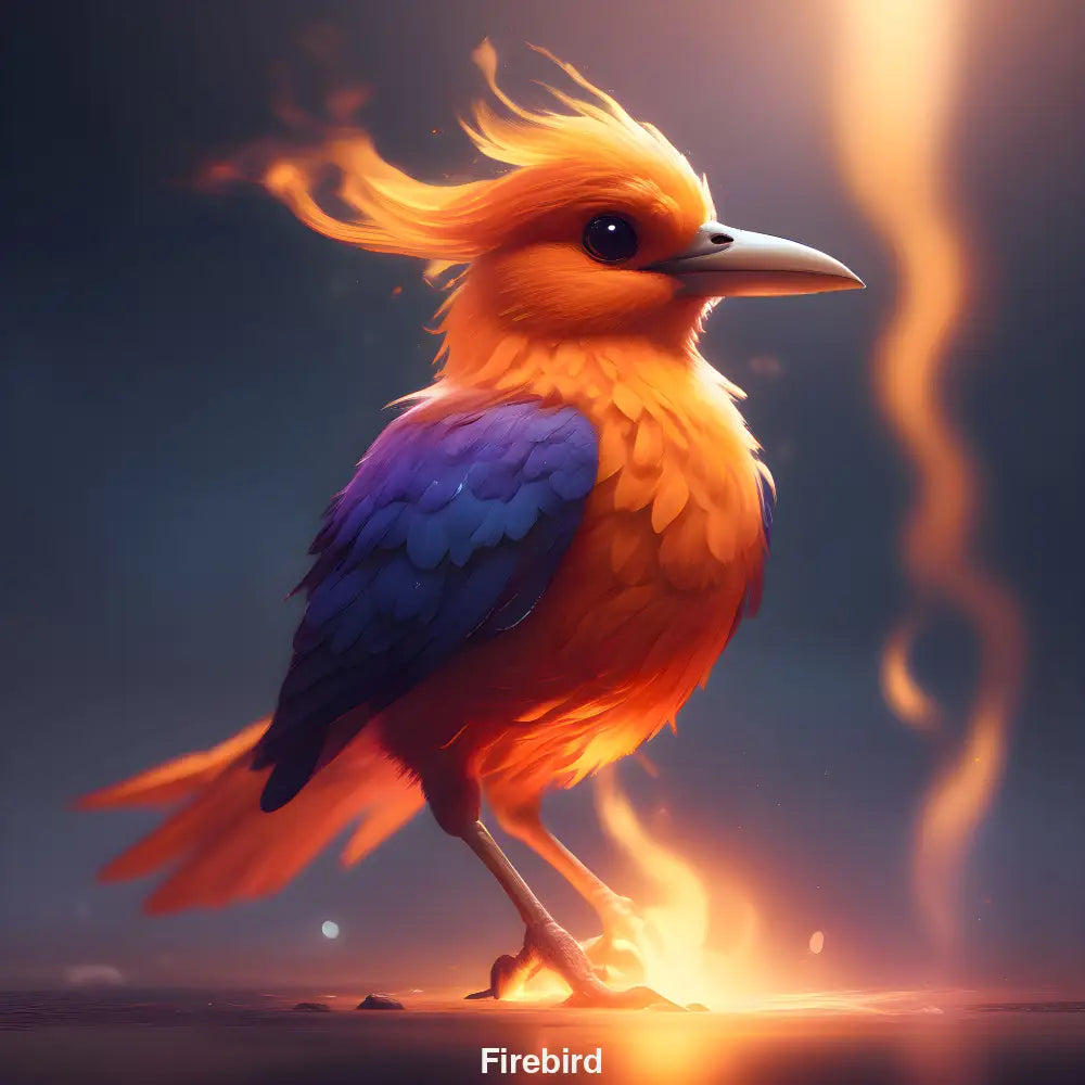 Mystischer Vogel aus Licht und Flammen mit leuchtendem Schweif und glühenden Krallen vor dunklem Hintergrund.