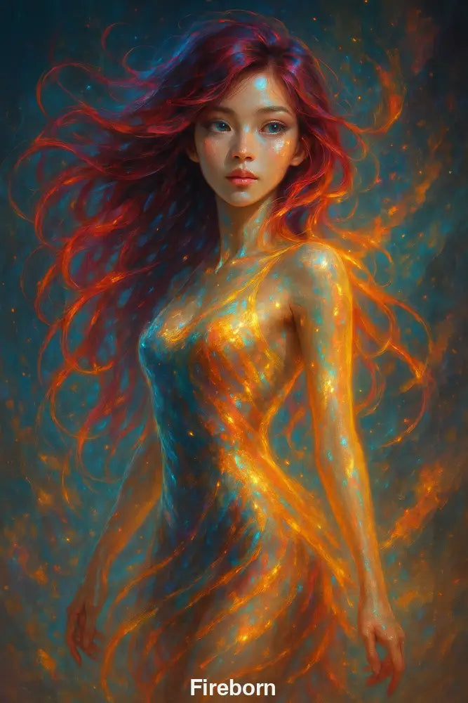 AI Art: Leuchtende Frau in feuriger Atmosphäre – magisch, farbenstark, detailreich, digital erschaffen durch künstliche Intelligenz.