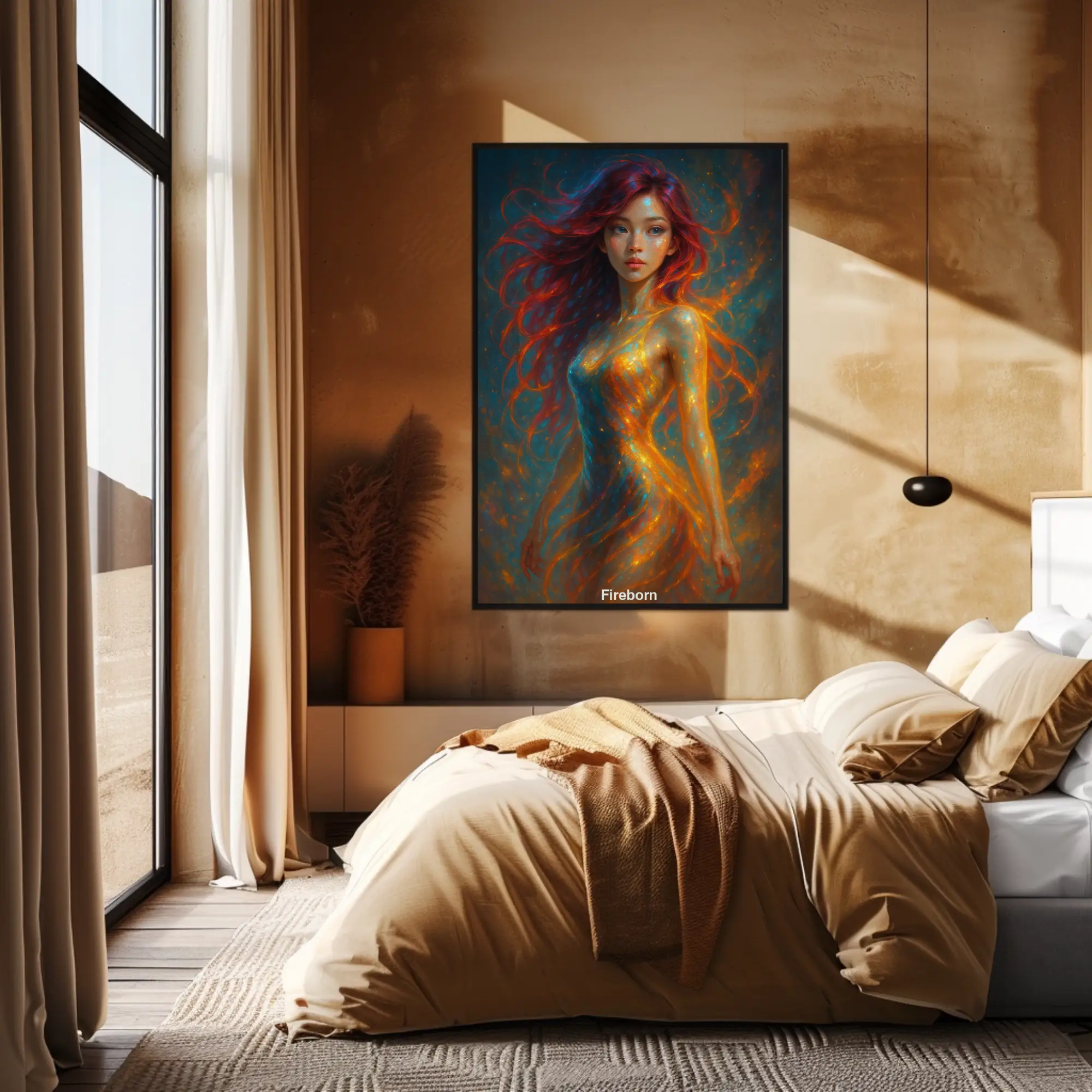 Mockup des AI Art-Werks „Fireborn“ – eine Frau mit feurigem Glanz und galaktischer Aura als digitale Wandkunst