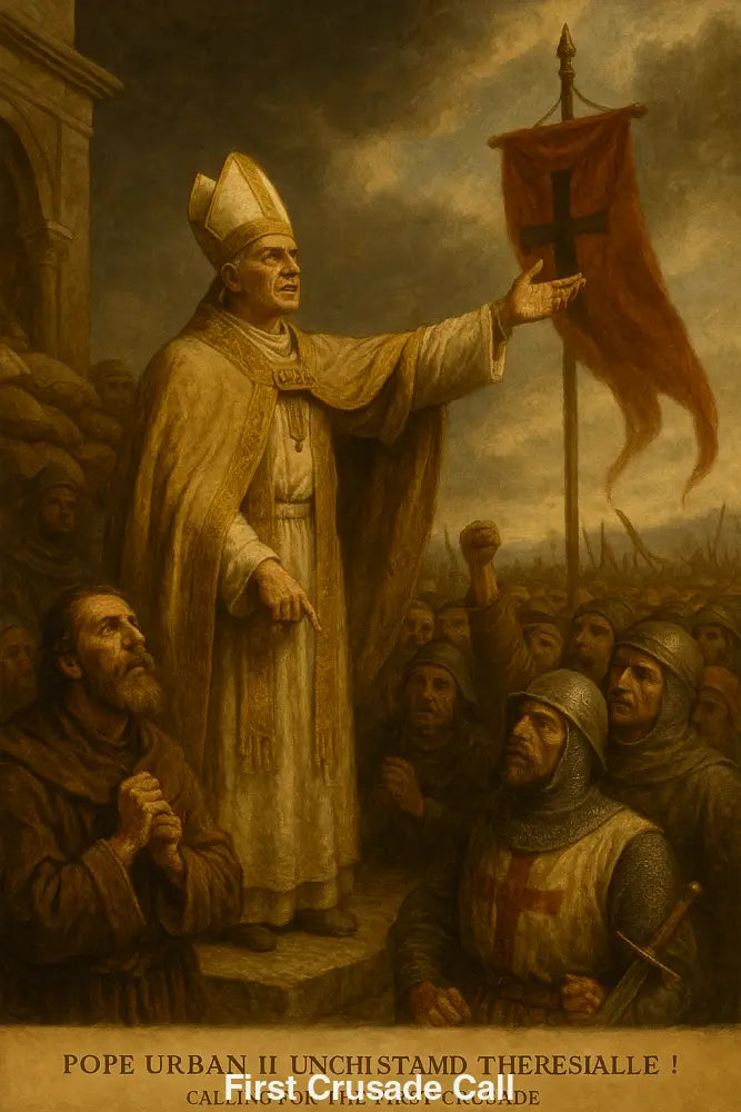 Papst Urban II. ruft zum Kreuzzug auf – KI Kunst mit Rittern, Flagge und Glaubensstärke im historischen Stil