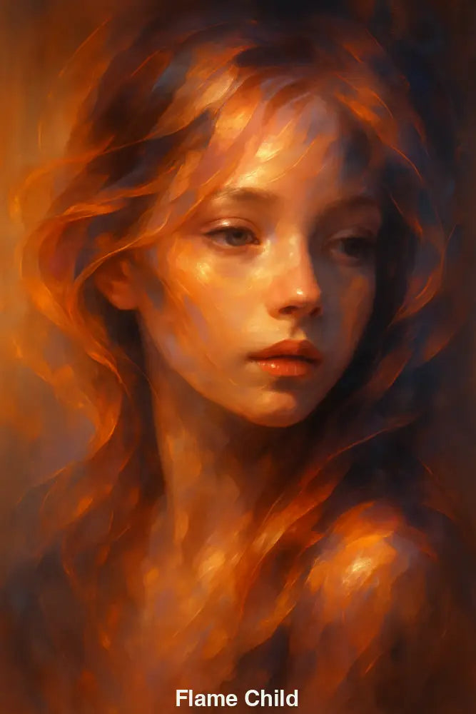 Leuchtendes Mädchenporträt mit flammenden Haaren – digitale AI Art mit emotionaler Ausdruckskraft

