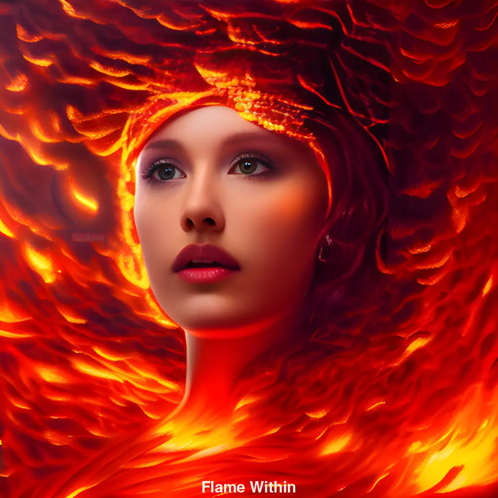 Gesicht einer Frau umhüllt von flammenden roten, orange- und goldfarbenen Strukturen – symbolisiert Stärke, Wandel und Leidenschaft.