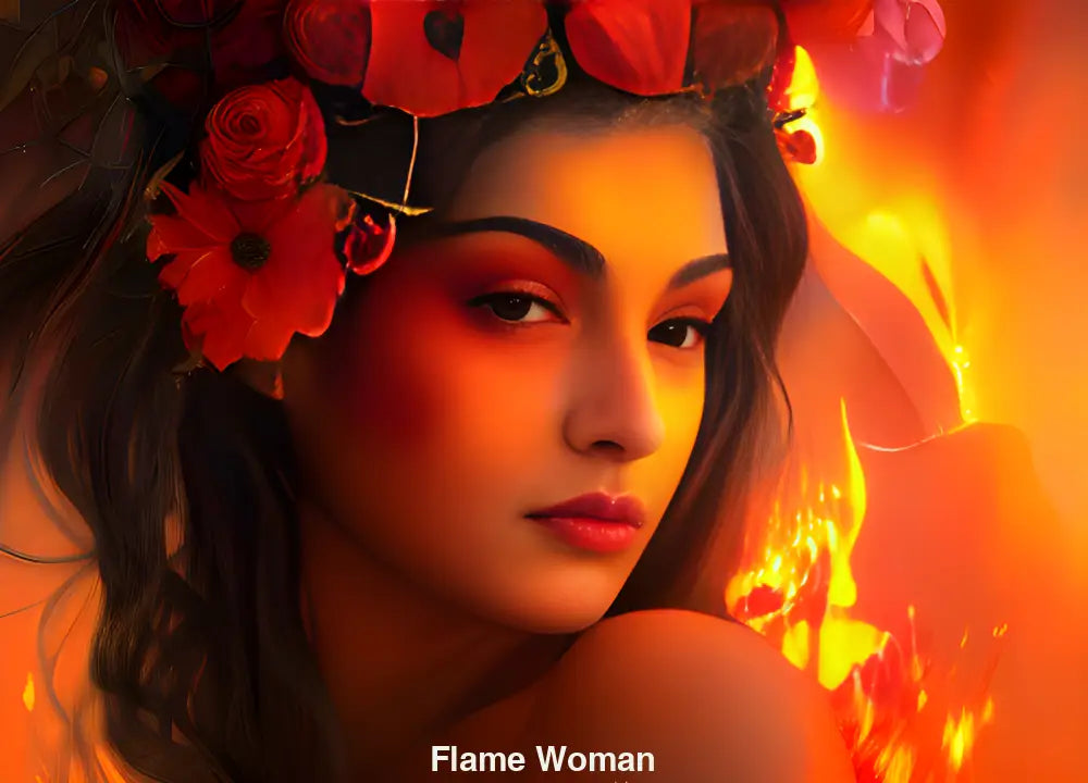 Starke Frauenfigur mit glühender Haut und roter Blumenkrone umgeben von lodernden Flammen.