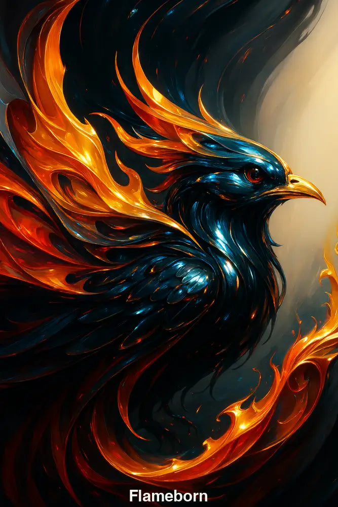 Digitales Kunstwerk eines schwarzen Phönix mit flammenden, orange-goldenen Federn auf dunklem Hintergrund