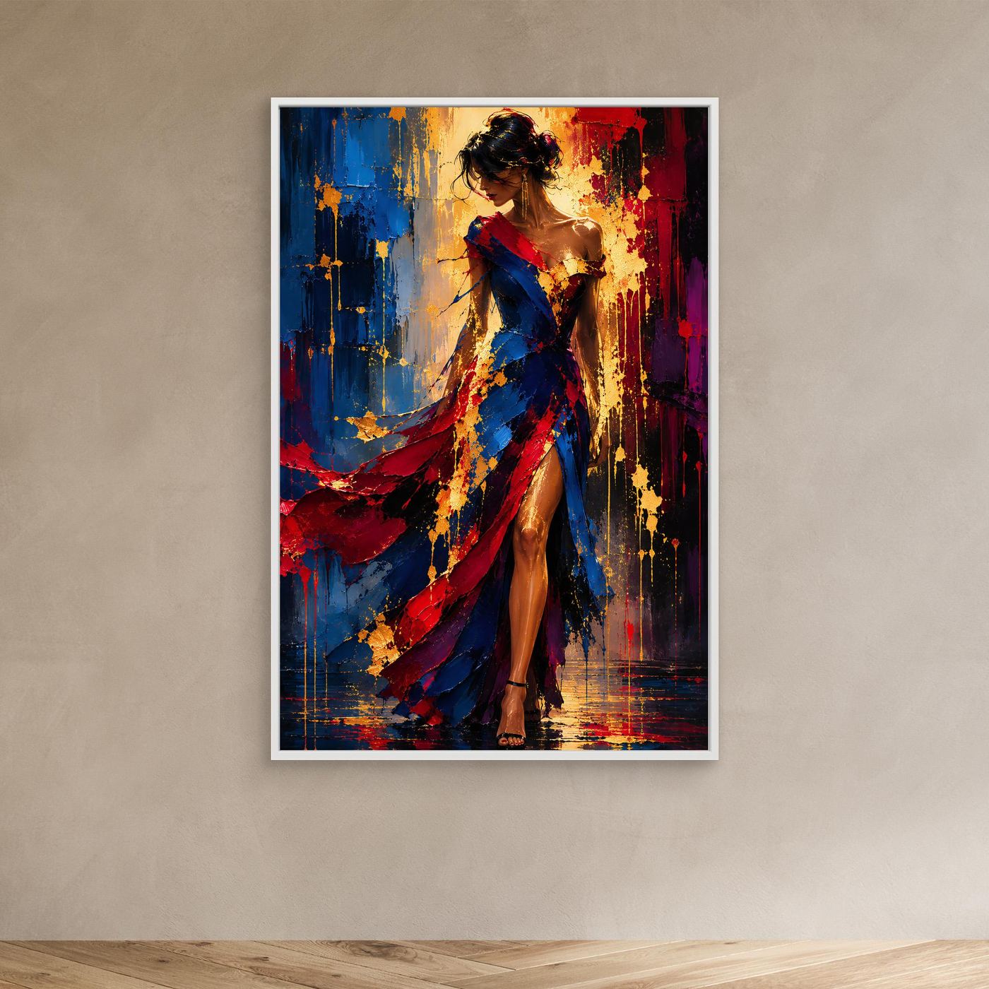 Flames of Grace – Canvas Wandbild mit weißem Rahmen an einer grauen Wand.