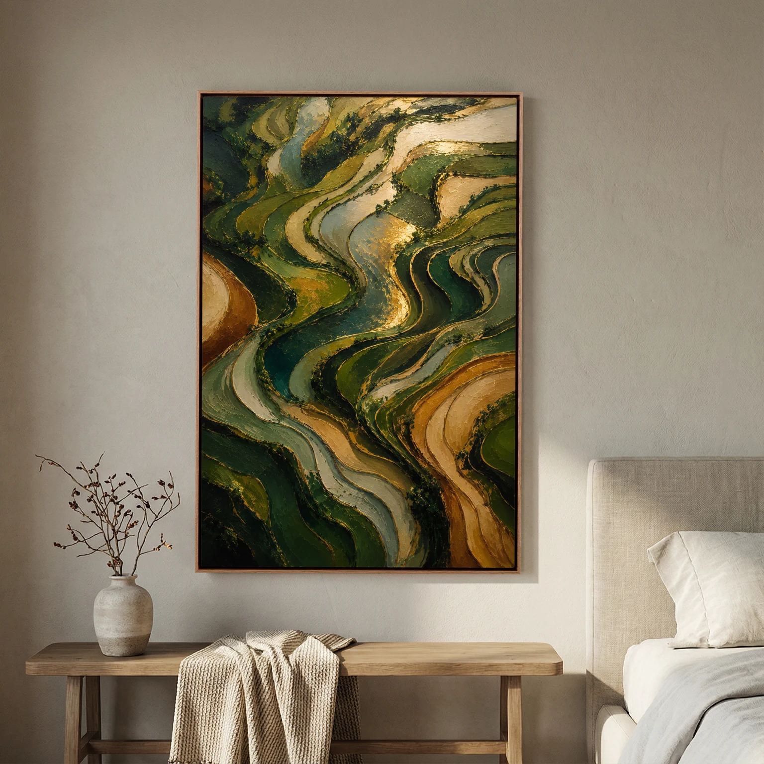 Abstrakte Terrassenlandschaft in Grün, Oliv und Gold als Leinwandbild mit natürlichem Eichenrahmen