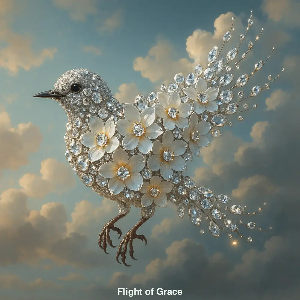 glitzernder vogel aus blumen und edelsteinen vor himmel – ki kunst unikat nur 1x