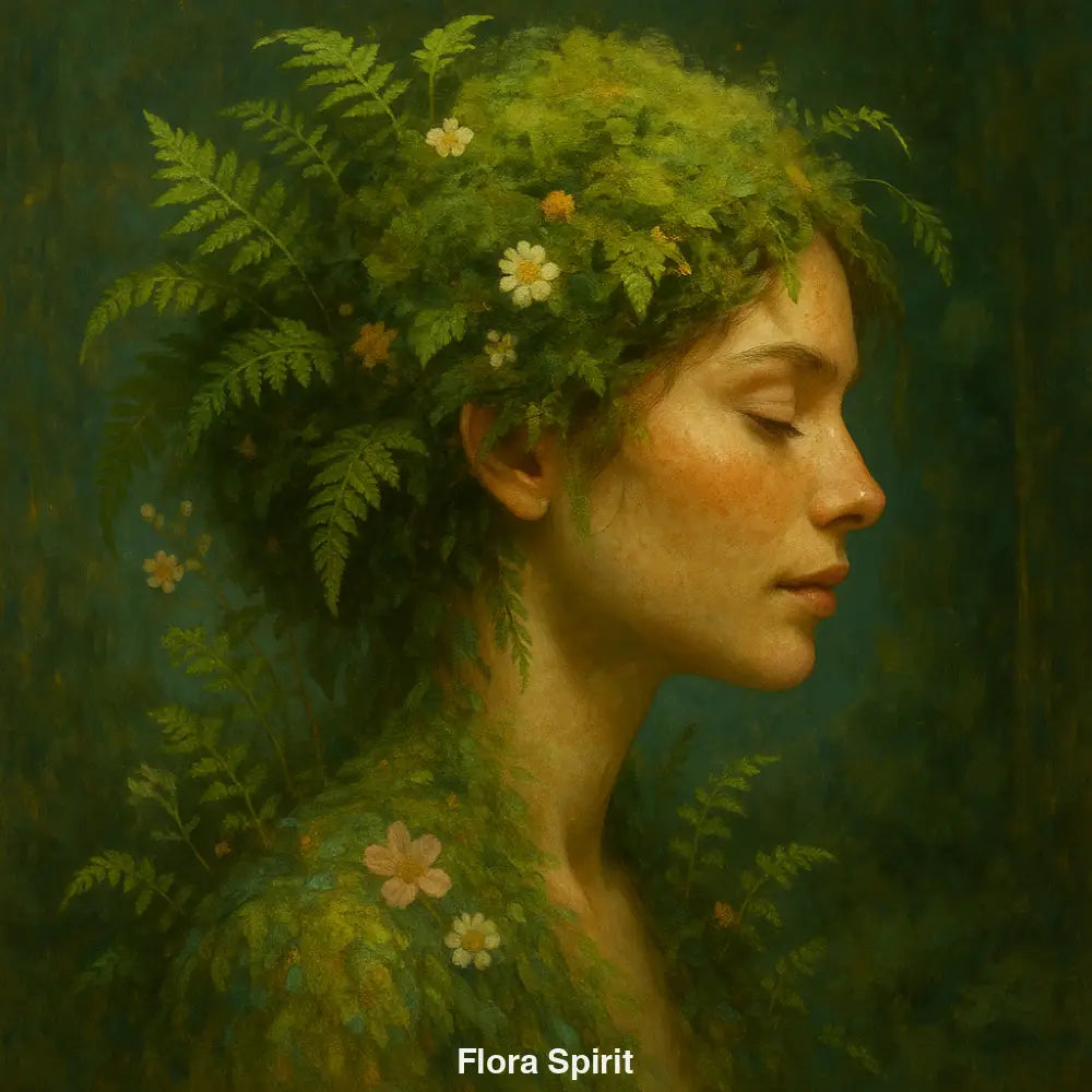 Porträt einer Frau mit geschlossenen Augen, deren Haar aus Moos, Farn und Blumen besteht – naturverbundenes digitales Kunstwerk