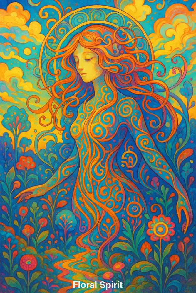 Farbintensive weibliche Figur mit floralen Mustern und leuchtenden Farben – symbolisiert Natur, Spiritualität und weibliche Energie.