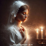 AI Art Porträt von Florence Nightingale im weißen Spitzenkleid bei Kerzenschein.