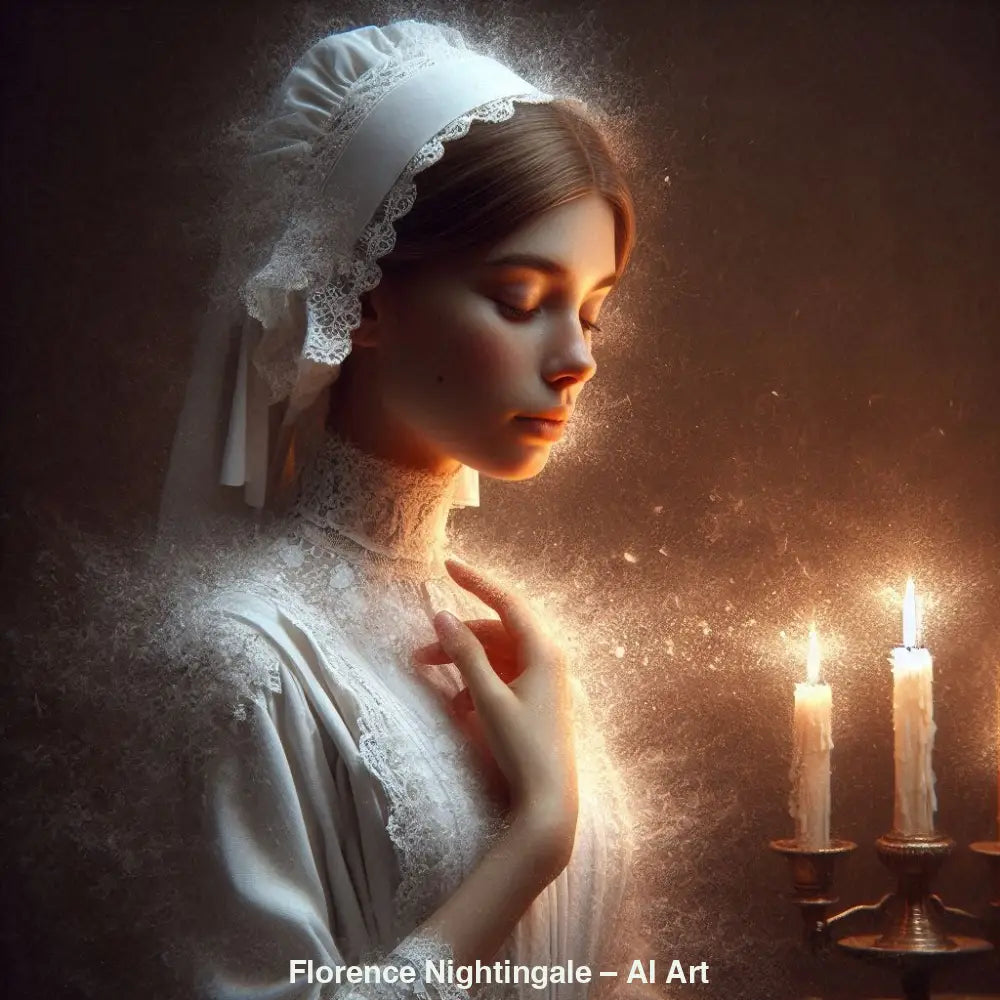 AI Art Porträt von Florence Nightingale im weißen Spitzenkleid bei Kerzenschein.