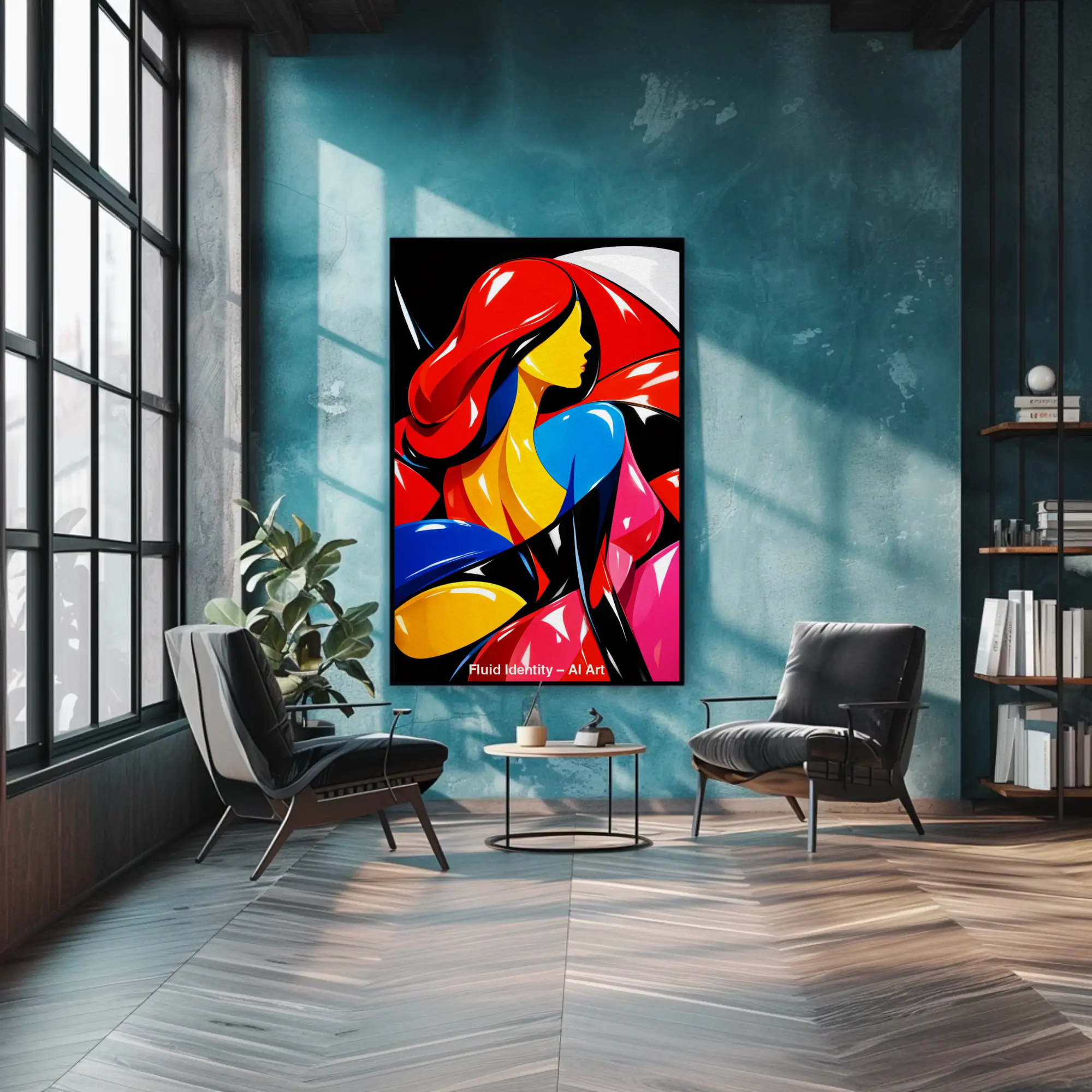 Fluid Identity Fine Art Print mit abstraktem Profil in Rot, Gelb und Blau über moderner Loft-Einrichtung.