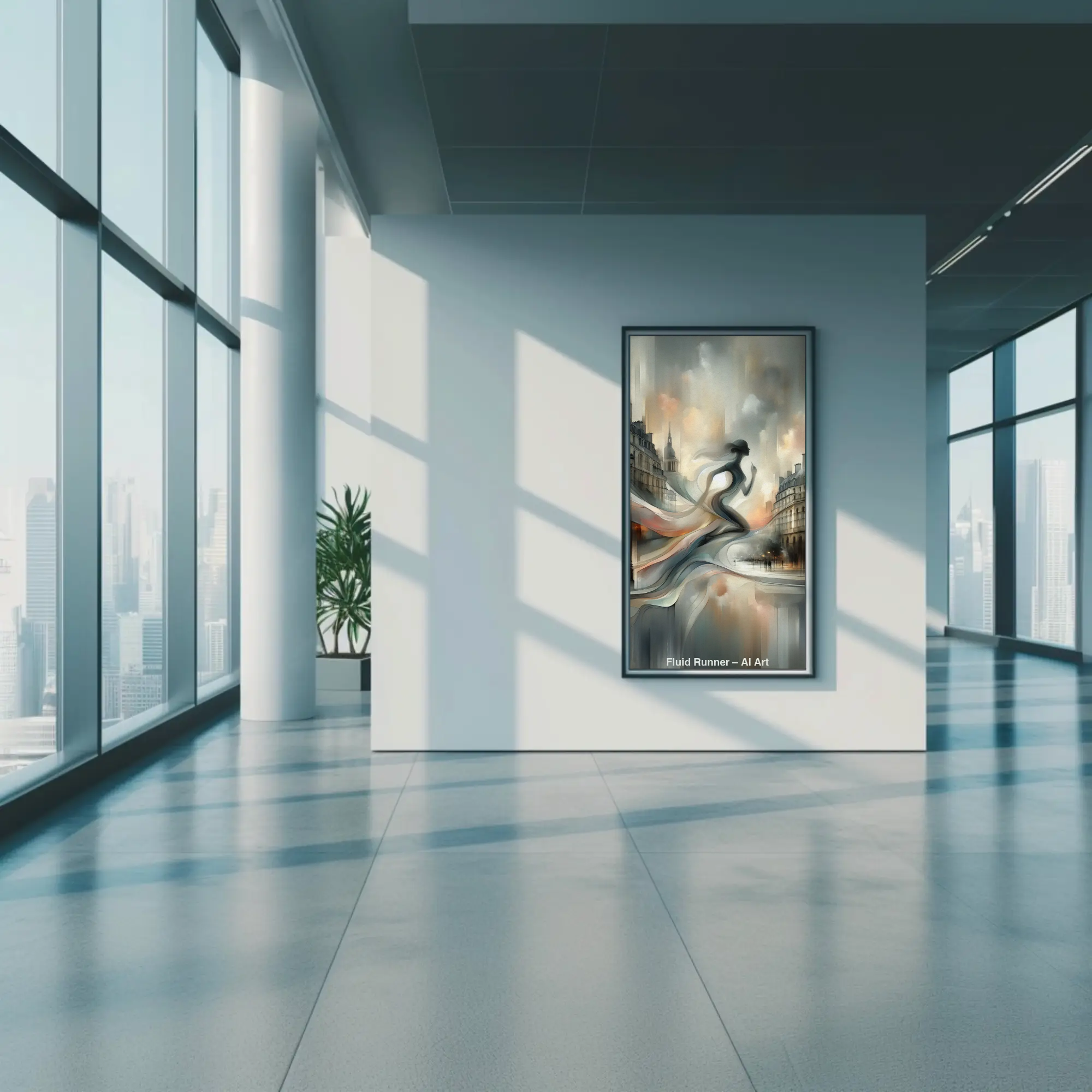 Fluid Runner Fine Art Print mit fließenden abstrakten Formen in hellen Grau- und Beigetönen über moderner Einrichtung.