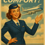 Retro-Flugbegleiterin der 1950er Jahre in Marineuniform vor wolkigem Himmel mit Propellerflugzeug.