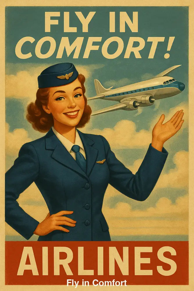 Retro-Flugbegleiterin der 1950er Jahre in Marineuniform vor wolkigem Himmel mit Propellerflugzeug.