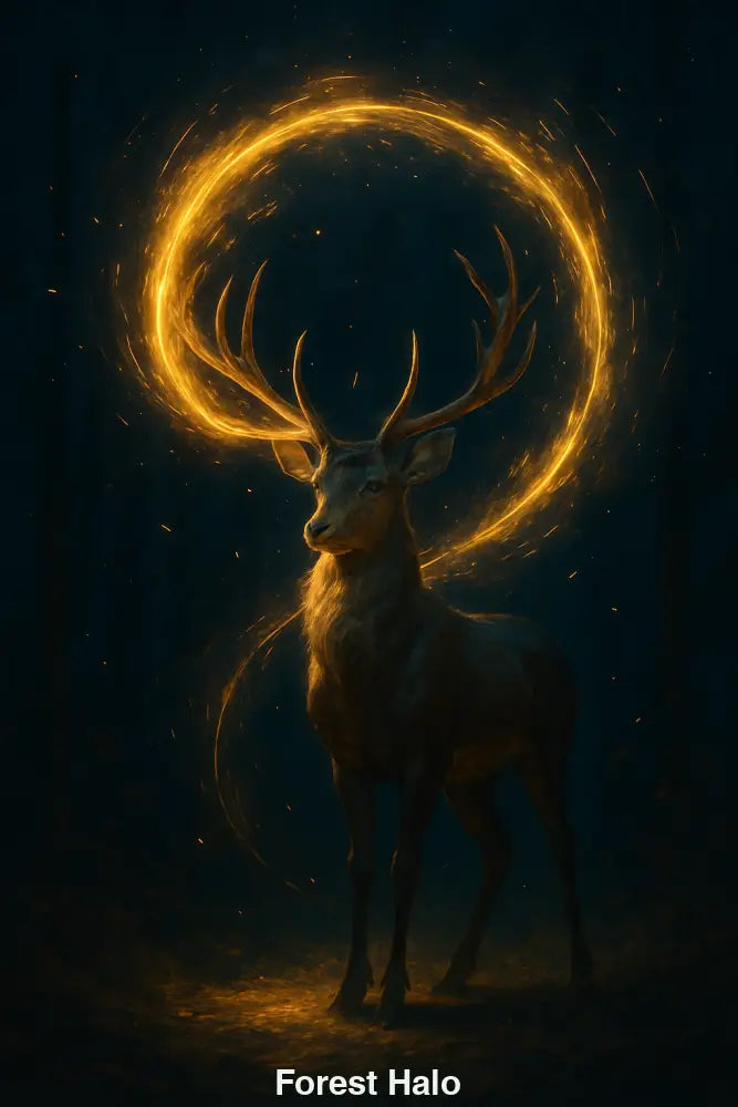 Digitales Bild eines Hirsches mit goldenem Lichtkreis um das Geweih
