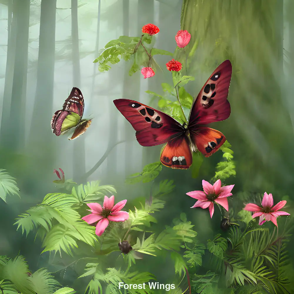 Schmetterlinge zwischen leuchtenden Blüten und Nebel in einem geheimnisvollen Wald – symbolisieren Freiheit und Harmonie.