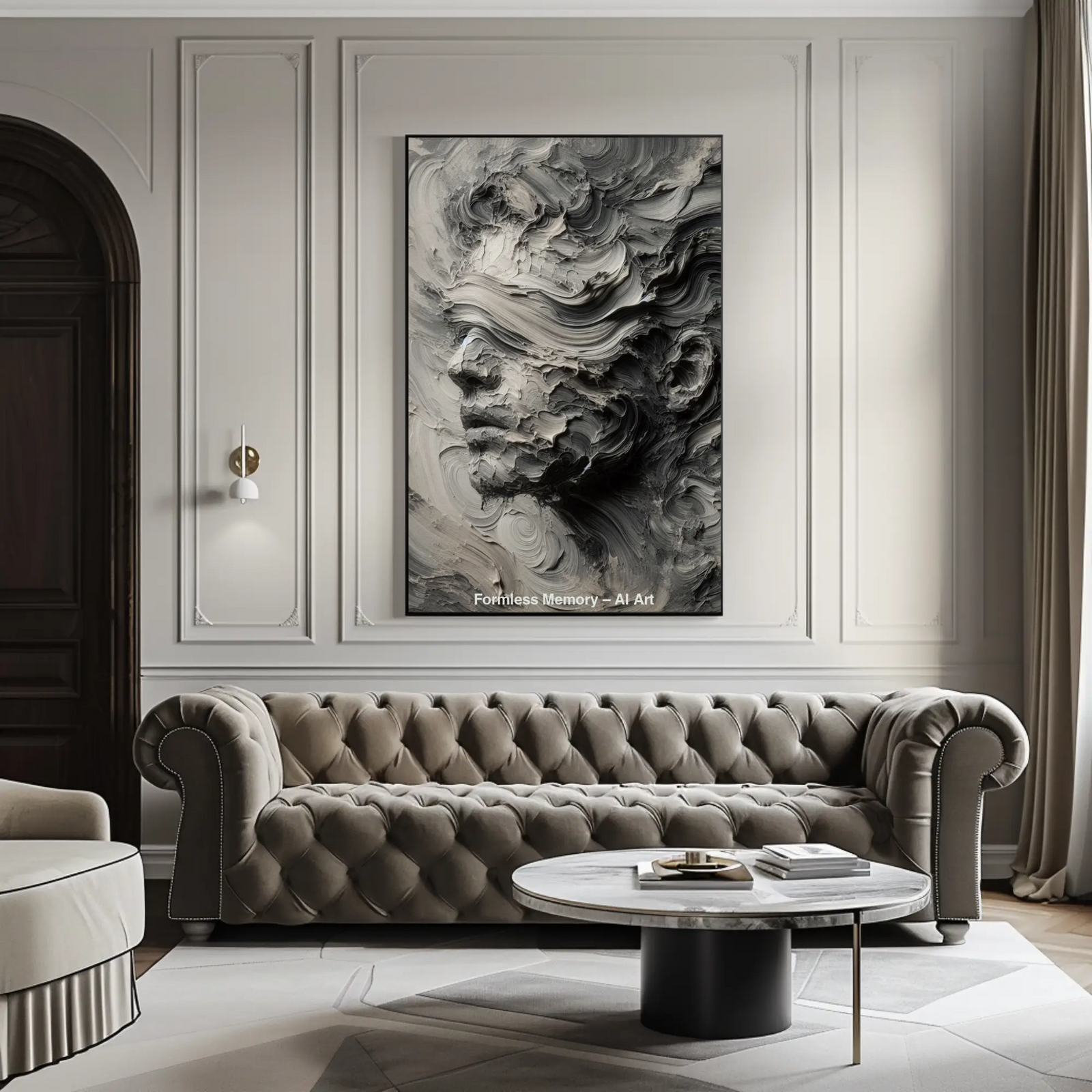 Mockup von Formless Memory – AI Art, abstraktes Gesicht in grauen und beigen Farbschichten mit plastischer Textur.