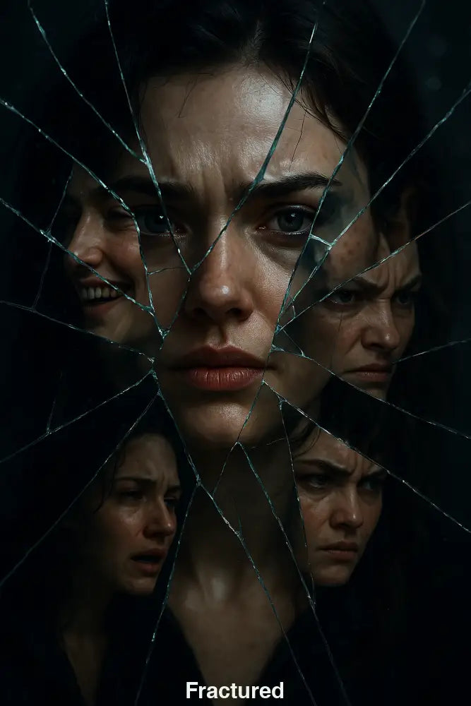 Porträt einer Frau mit gespiegelten Emotionen in einem zerbrochenen Spiegel – symbolisiert emotionale Zerrissenheit und innere Konflikte.