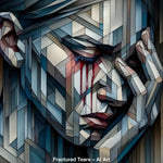 Fractured Tears – AI Art, geometrisches Porträt mit kühlen Blautönen und roten Tränen für starke emotionale Wirkung.