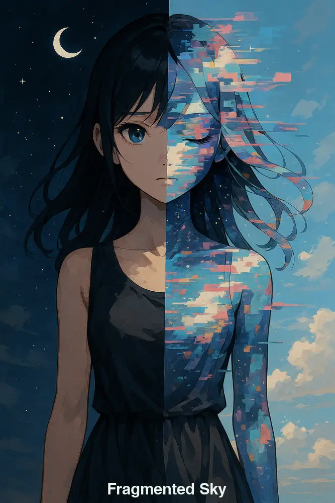 Anime-inspiriertes Porträt eines Mädchens, halb real, halb digital fragmentiert – Darstellung von Tag und Nacht, Identität und Transformation.