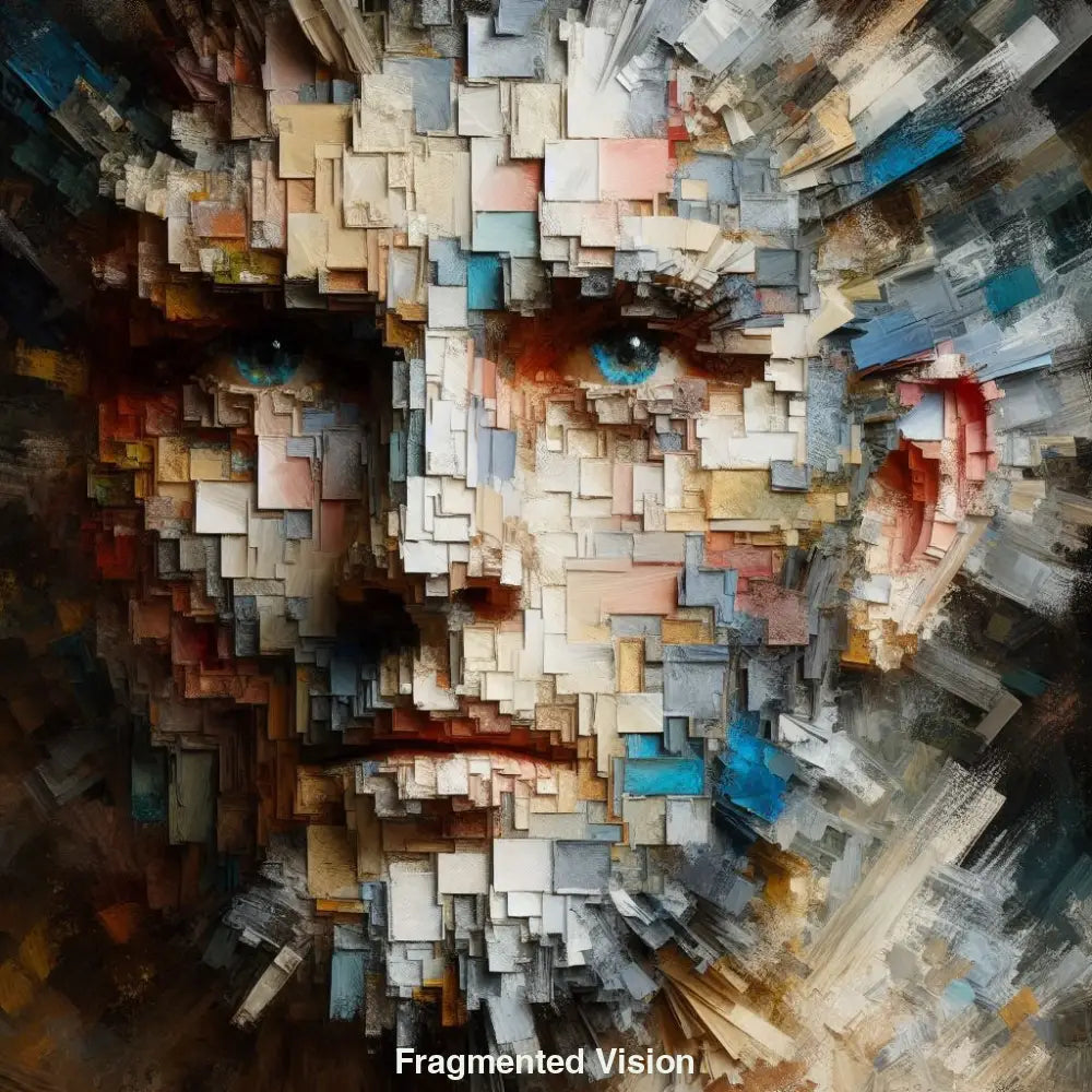 AI Art Porträt mit rechteckigen Farbfeldern, 3D-Struktur und leuchtend blauen Augen.