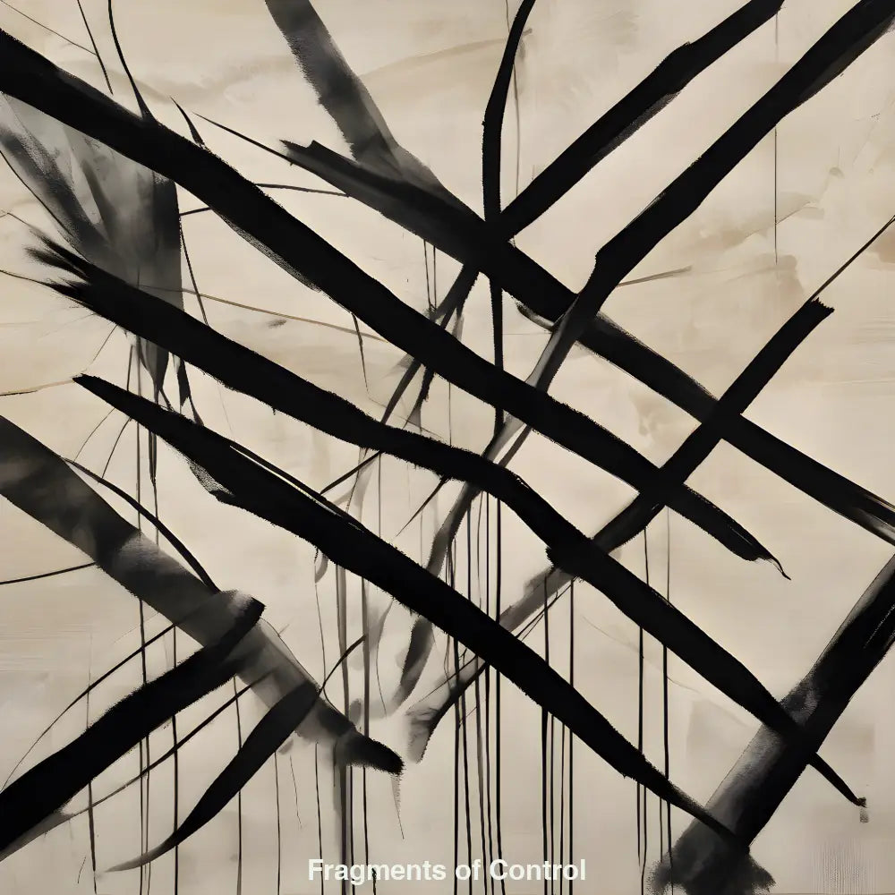 Schwarze Linien, Tropfen und dynamische Spuren auf hellem Hintergrund, abstraktes KI-Kunstwerk aus Spannung und Ordnung.