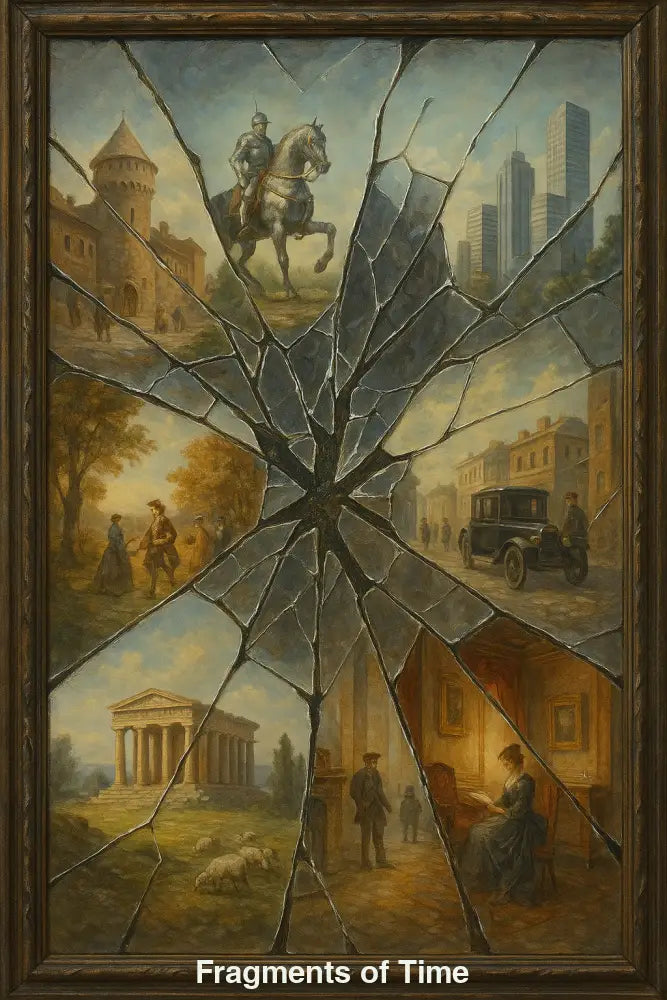 Zersplittertes Gemälde aus Glasscherben, jede zeigt eine Szene von antiken Tempeln bis zu modernen Wolkenkratzern.
