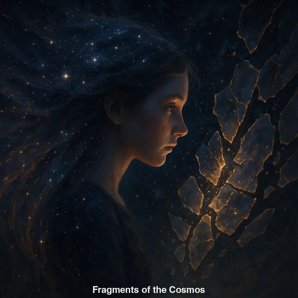 Seitenprofil einer Frau, deren Haar nahtlos in ein sternenübersätes Universum übergeht, umgeben von schwebenden Lichtfragmenten.